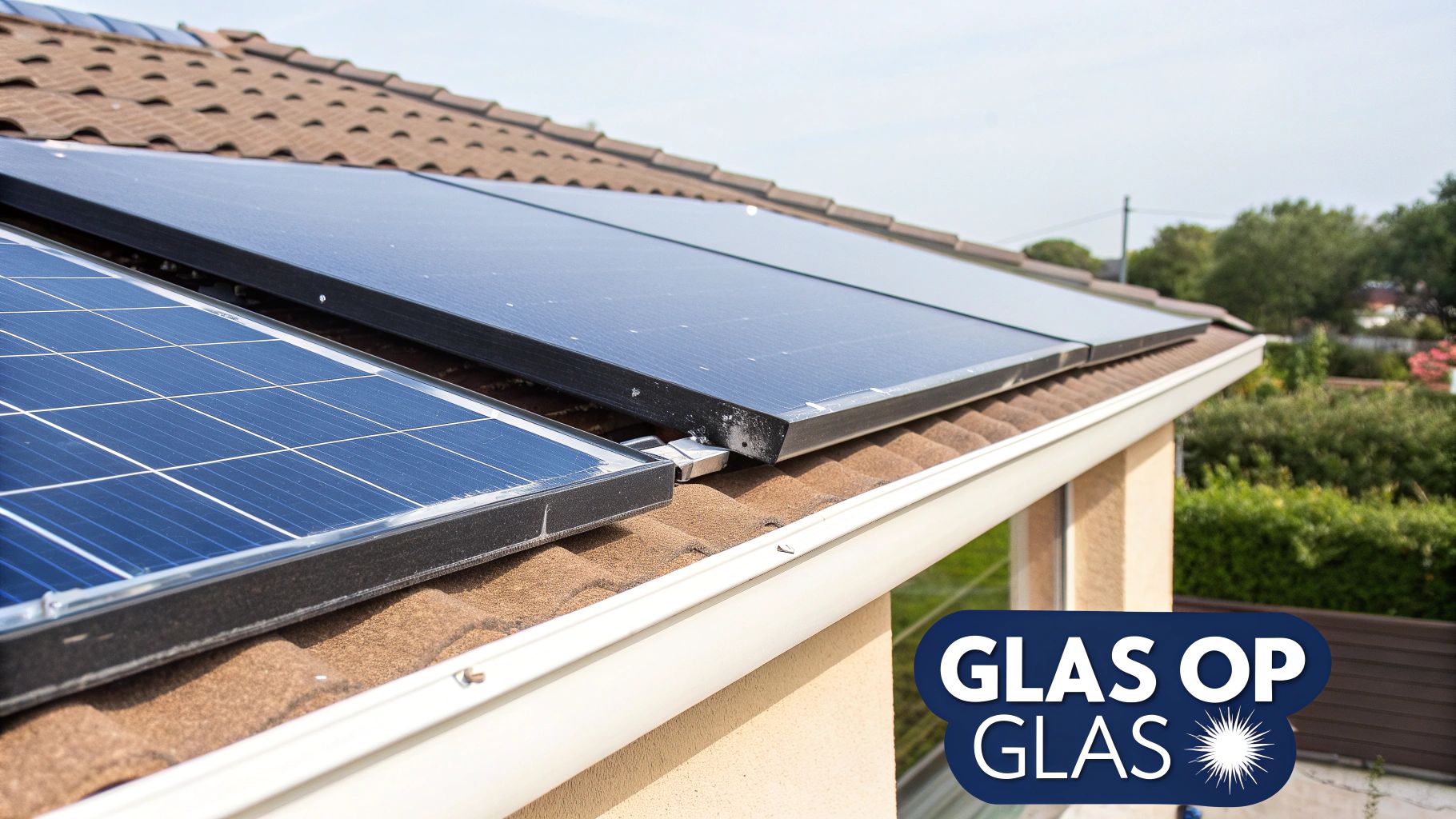 Moderne installatie van glas op glas zonnepanelen op een residentieel dak