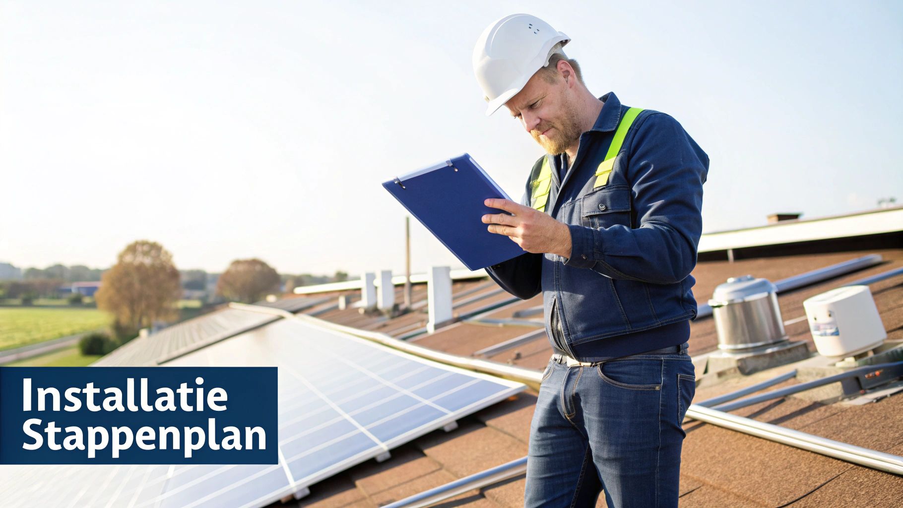 Monteur met helm en klembord inspecteert zonnepanelen op een dak.