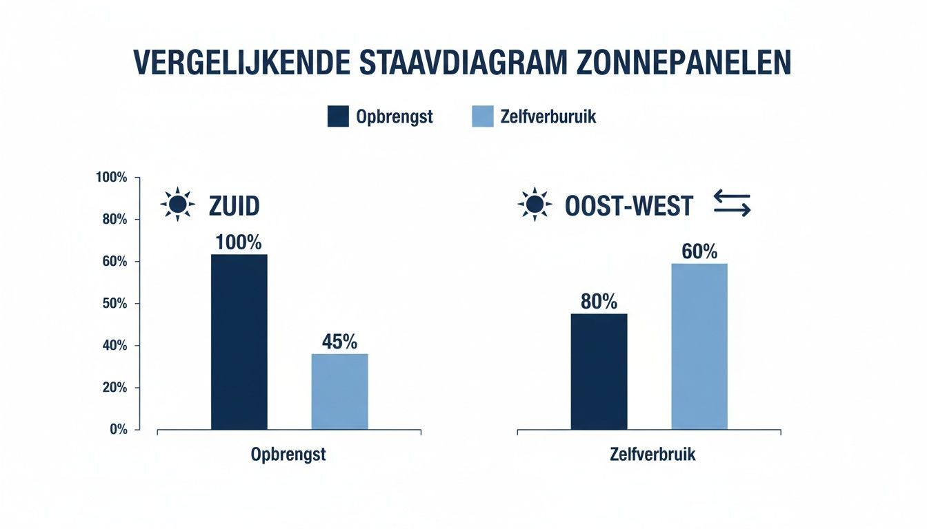 Staafdiagram vergelijkt opbrengst en zelfverbruik van zonnepanelen bij zuid- en oost-west oriëntatie.