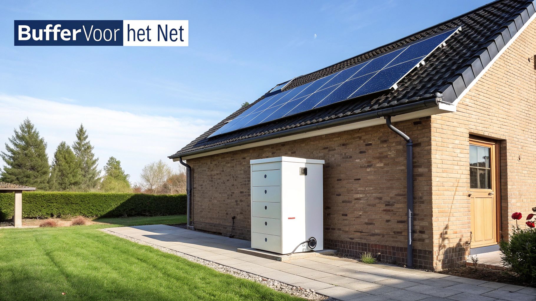 Een illustratie van een modern huis met zonnepanelen en een batterij, verbonden met een slim energienet.