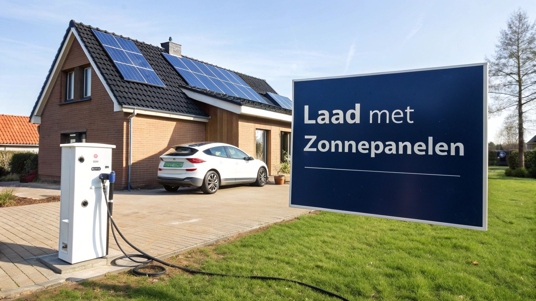 Een modern huis met zonnepanelen op het dak en een elektrische auto die oplaadt aan een laadpaal, met een bord 'Laad met Zonnepanelen'.