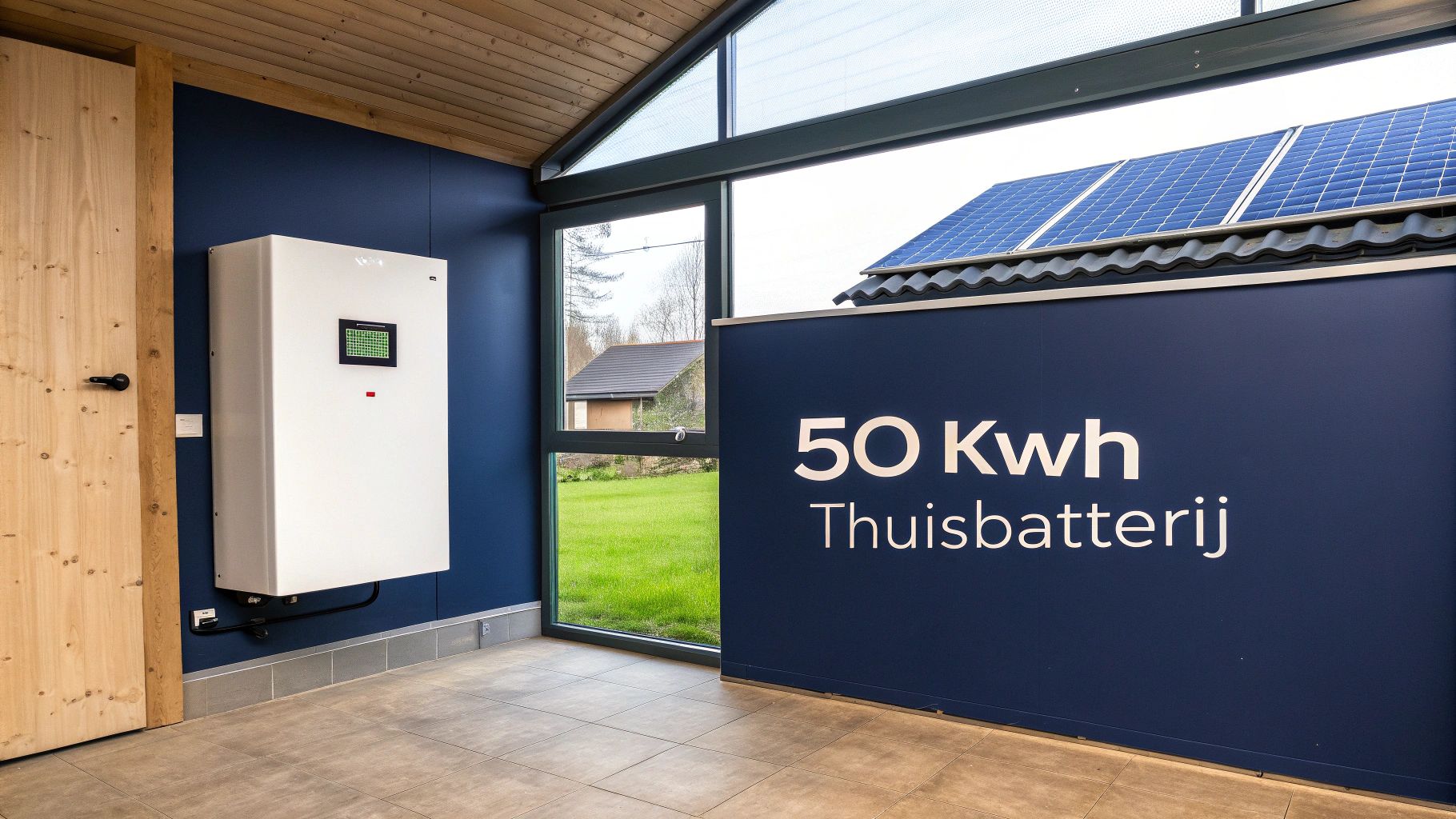 50 kWh thuisbatterij systeem met zonnepanelen en witte omvormer aan donkerblauwe muur geïnstalleerd