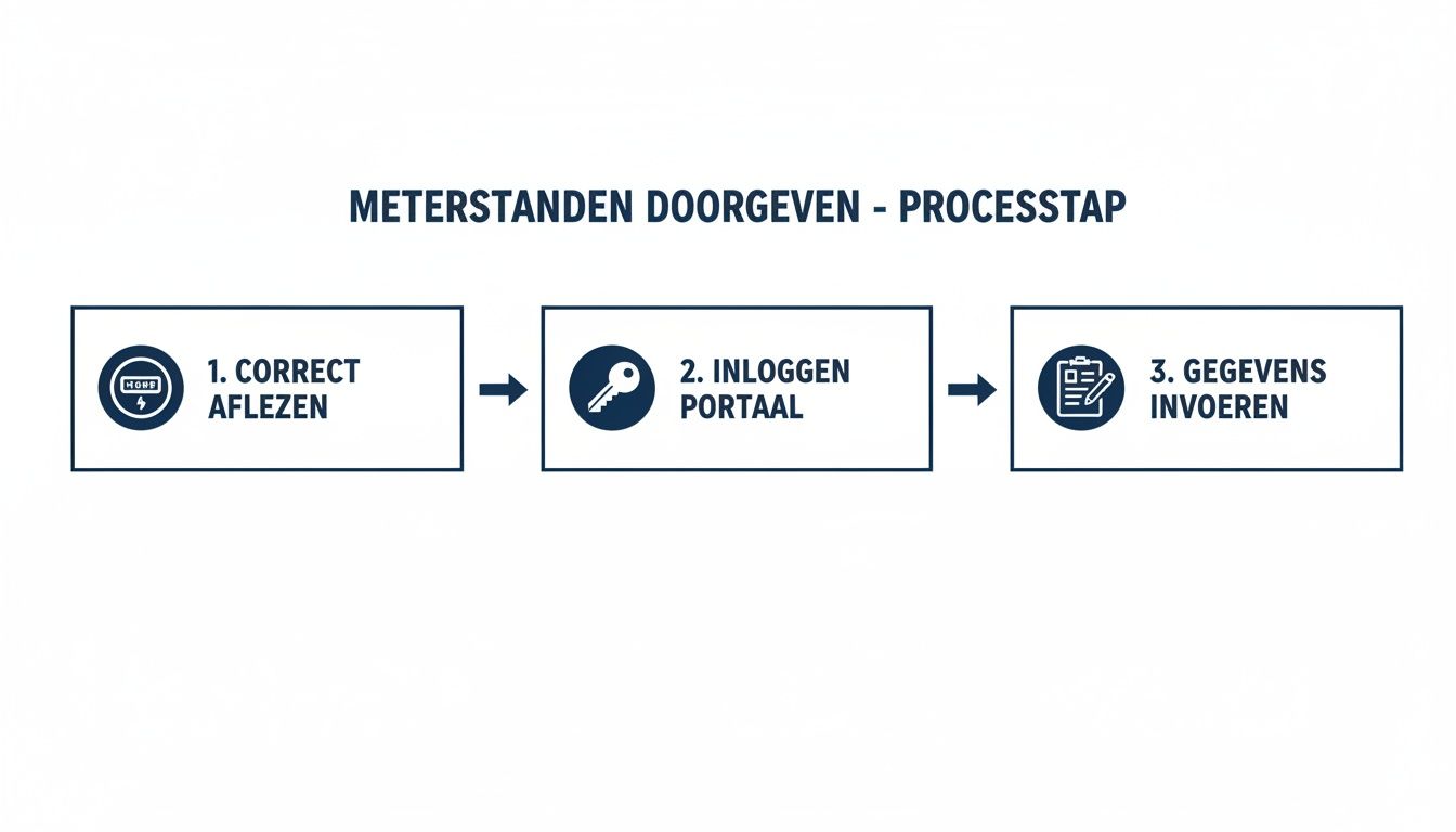 Stappenplan voor het doorgeven van meterstanden, inclusief correct aflezen, inloggen en gegevens invoeren.