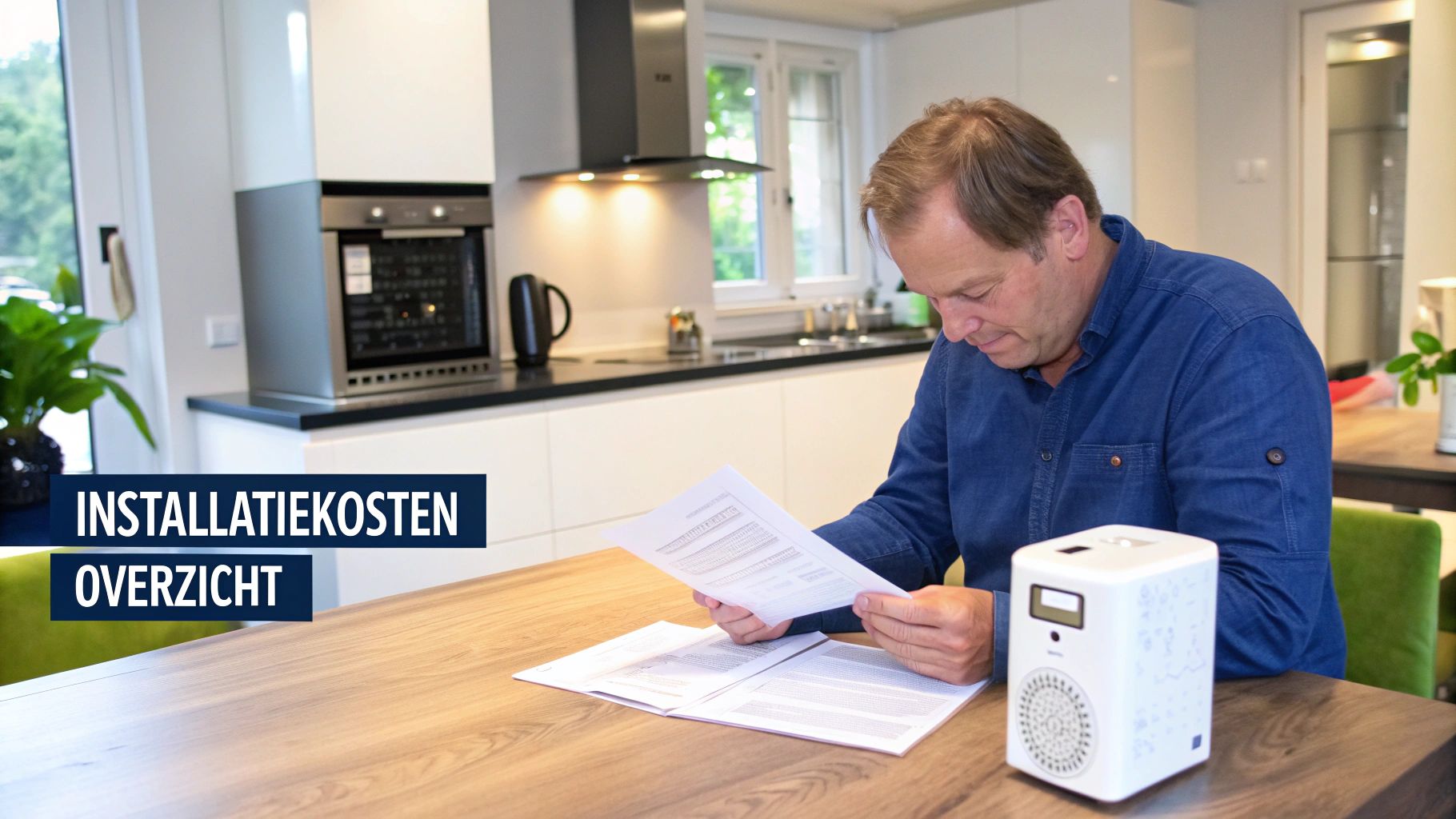 Man bekijkt installatiekosten overzicht in een moderne keuken, met een wit apparaat op tafel.