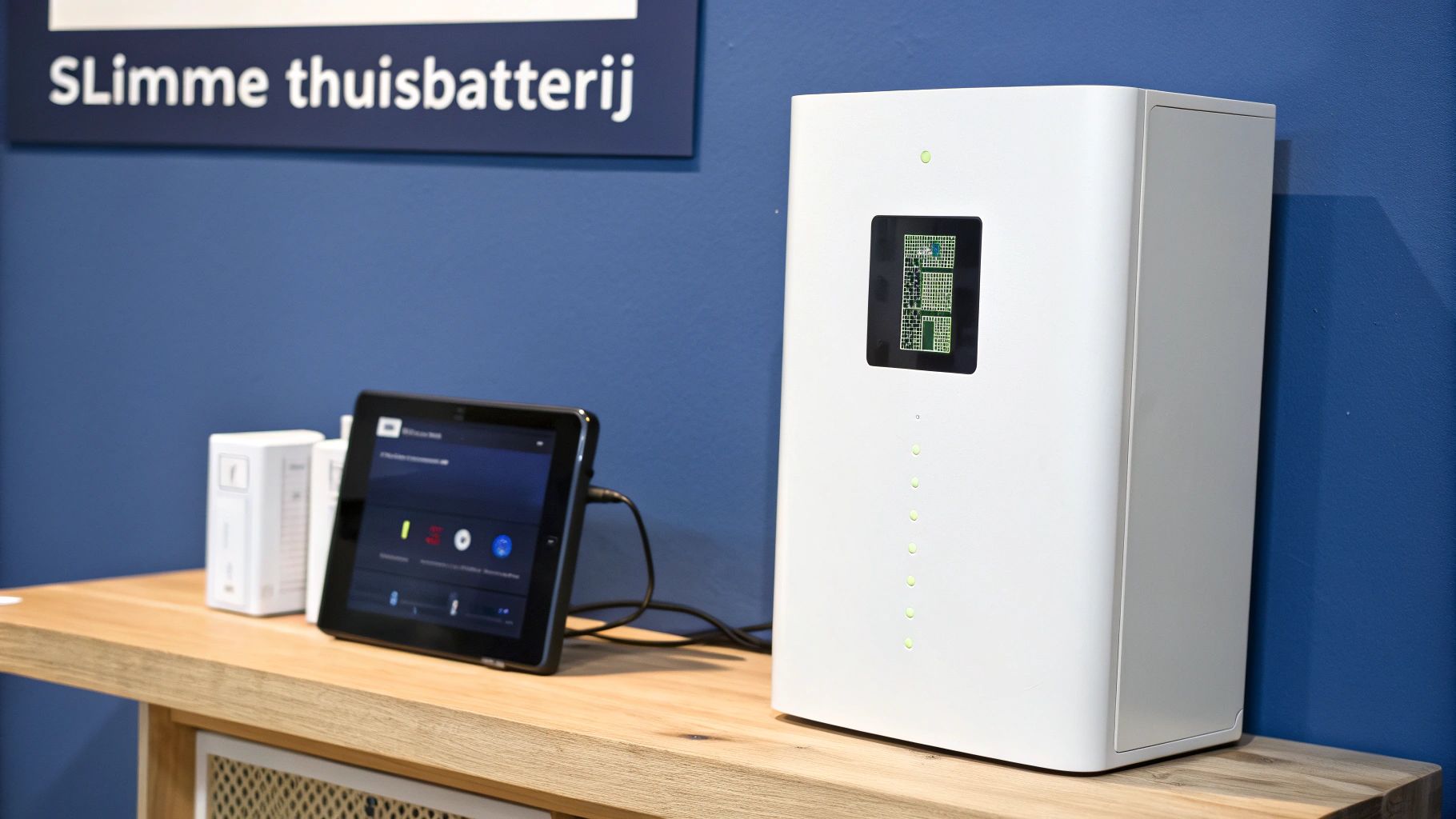 Een moderne thuisbatterij die slim wordt aangestuurd in een huishoudelijke omgeving