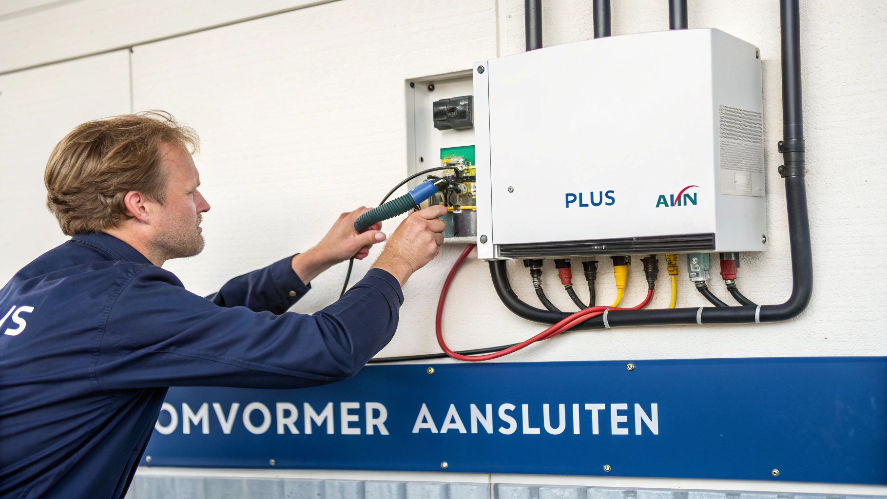 Monteur sluit draden aan op een witte omvormer voor zonnepanelen, met een blauwe banner eronder.