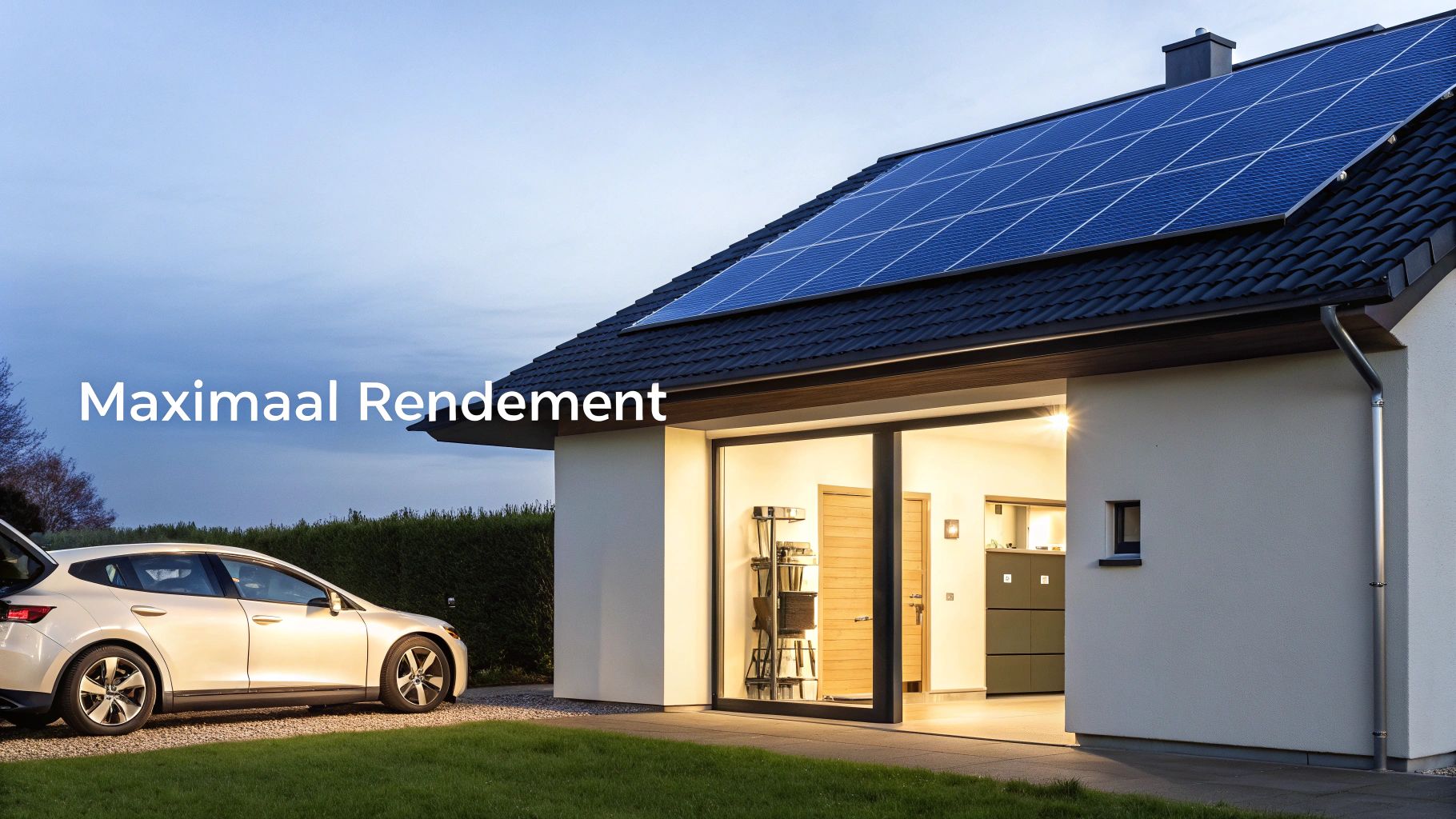 Moderne woning met zonnepanelen op het dak, een elektrische auto en de tekst 'Maximaal Rendement', symboliseert duurzaam wonen.