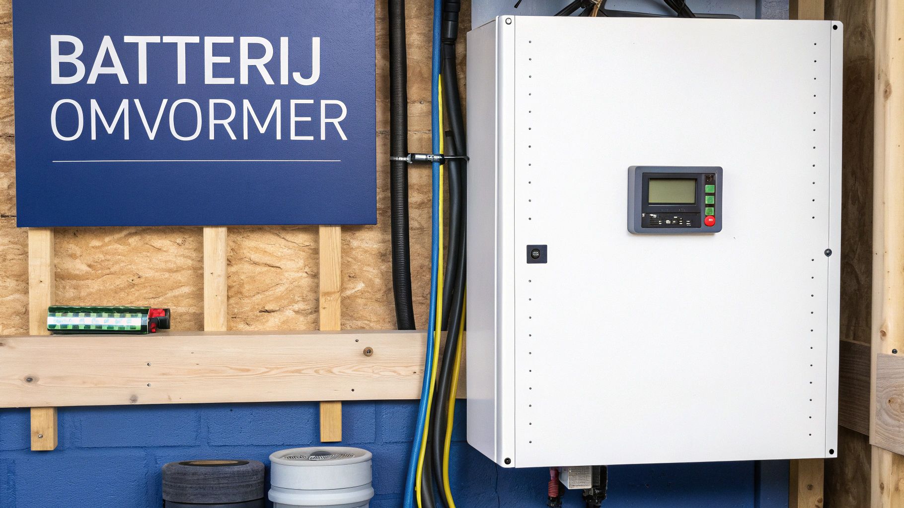 Een witte batterij omvormer kast met display, naast een blauw bord met 'BATTERIJ OMVORMER'.