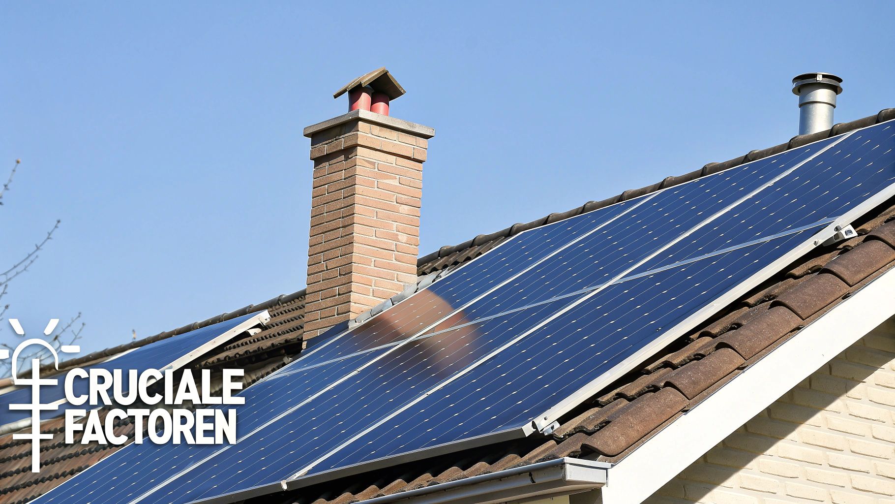 Zonnepanelen liggen op een pannendak onder een helderblauwe lucht, met een bakstenen schoorsteen en een ventilatiepijp.