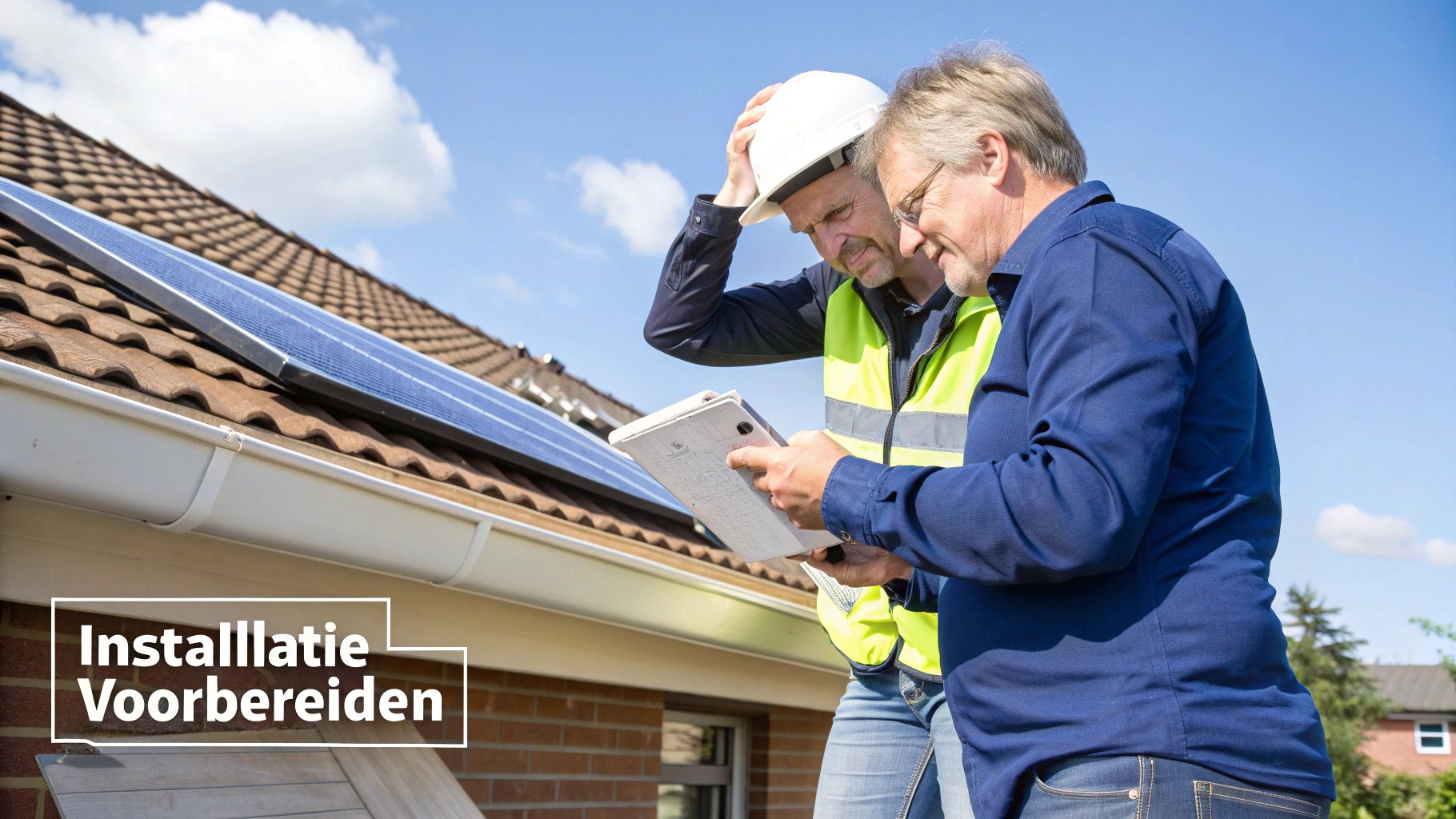 Een technicus die zonnepanelen installeert, wat de voorbereidingsfase symboliseert.