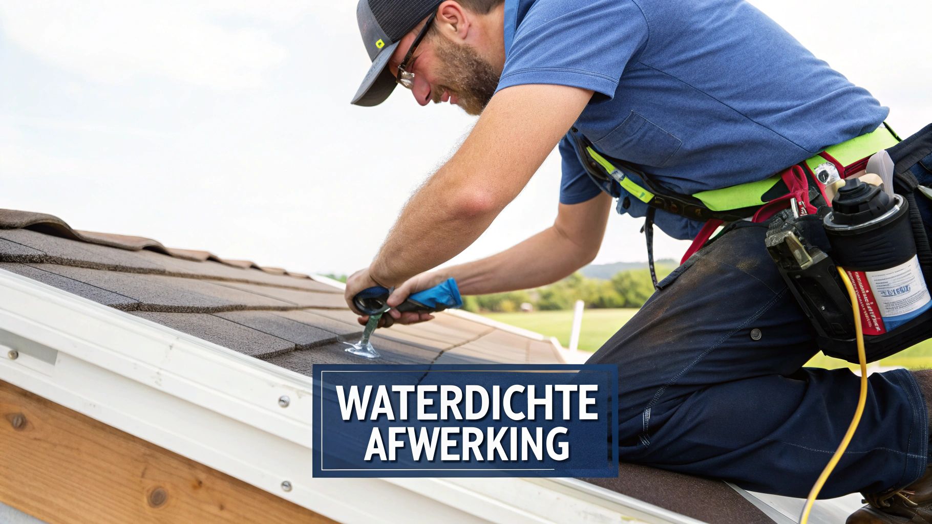 Een man met veiligheidsharnas werkt op een dak, bezig met de waterdichte afwerking van de dakshingles.