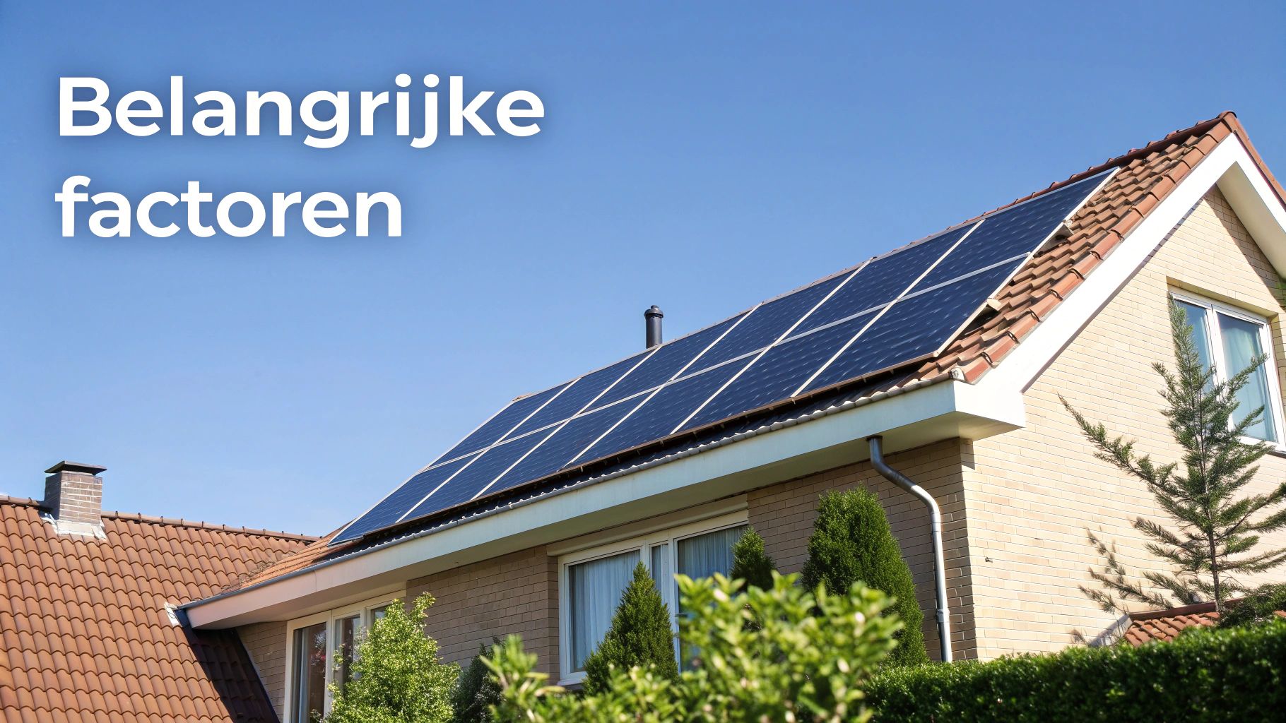 Een woning met zonnepanelen op het schuine dak, met een heldere blauwe lucht erboven.