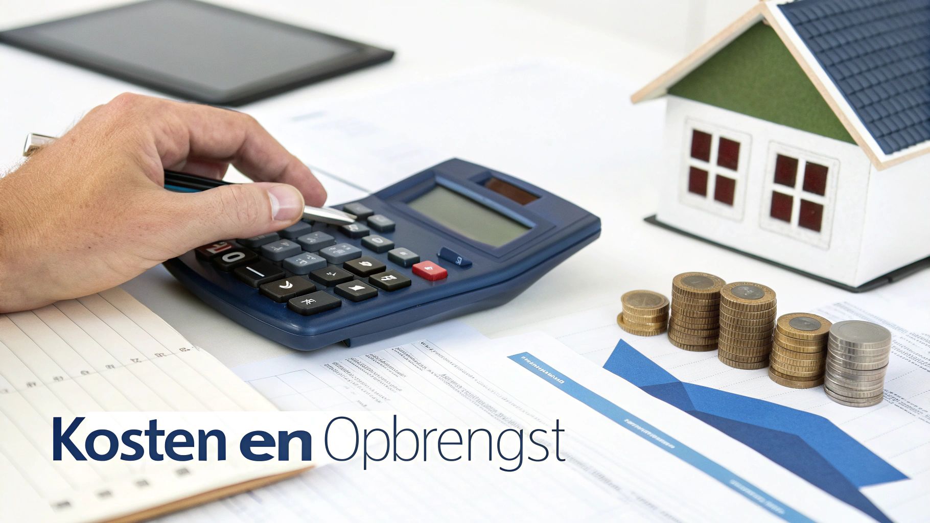 Hand berekent kosten met een rekenmachine, naast een modelhuis, munten en grafieken, met tekst 'Kosten en Opbrengst'.