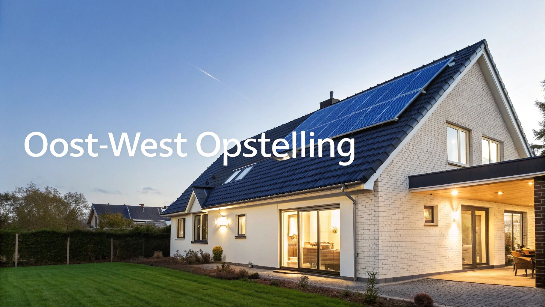 Moderne witte woning met zonnepanelen op het donkere dak in een Oost-West opstelling, onder een helderblauwe lucht.
