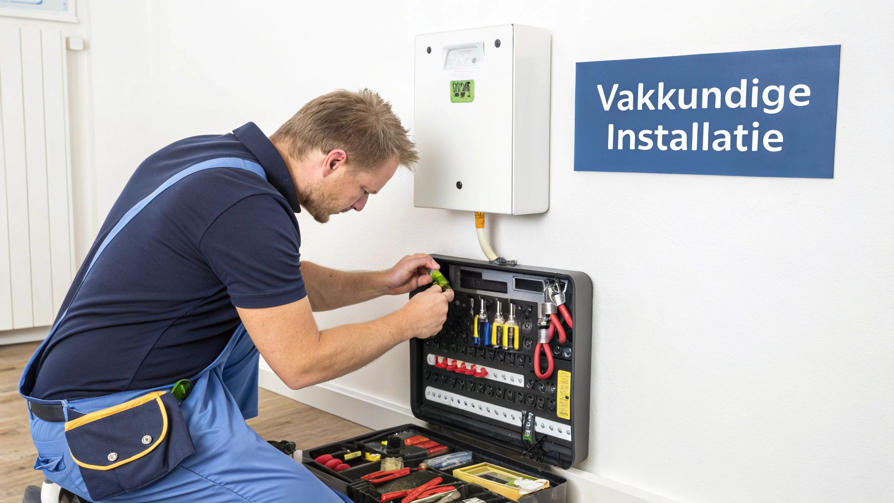 Een professionele installateur die een thuisbatterij installeert