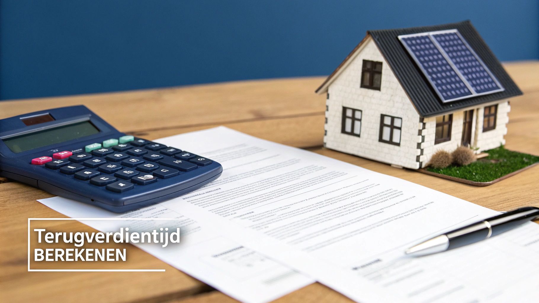 Een spaarpot in de vorm van een huis naast een model van een zonnepaneel en batterij.