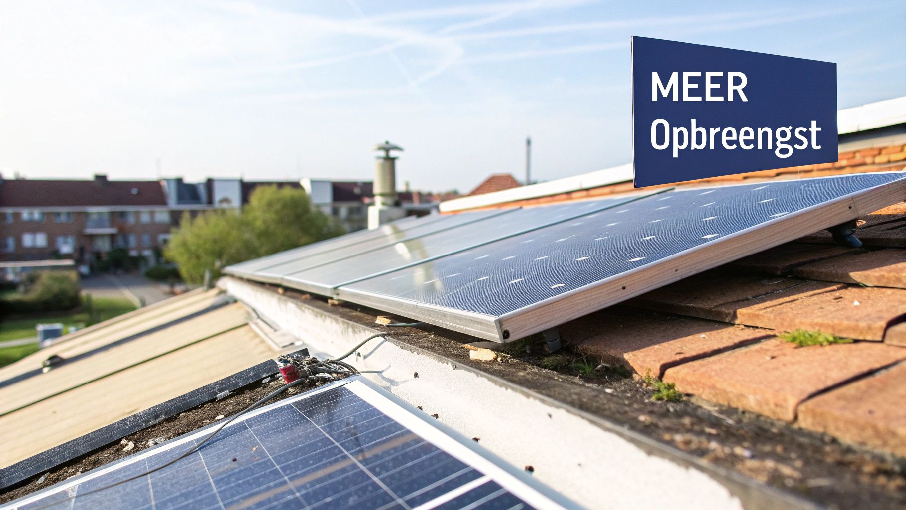 Zonnepanelen op schuin dak met bord 'MEER Opbreengst', installatie van solar panelen op gebouw