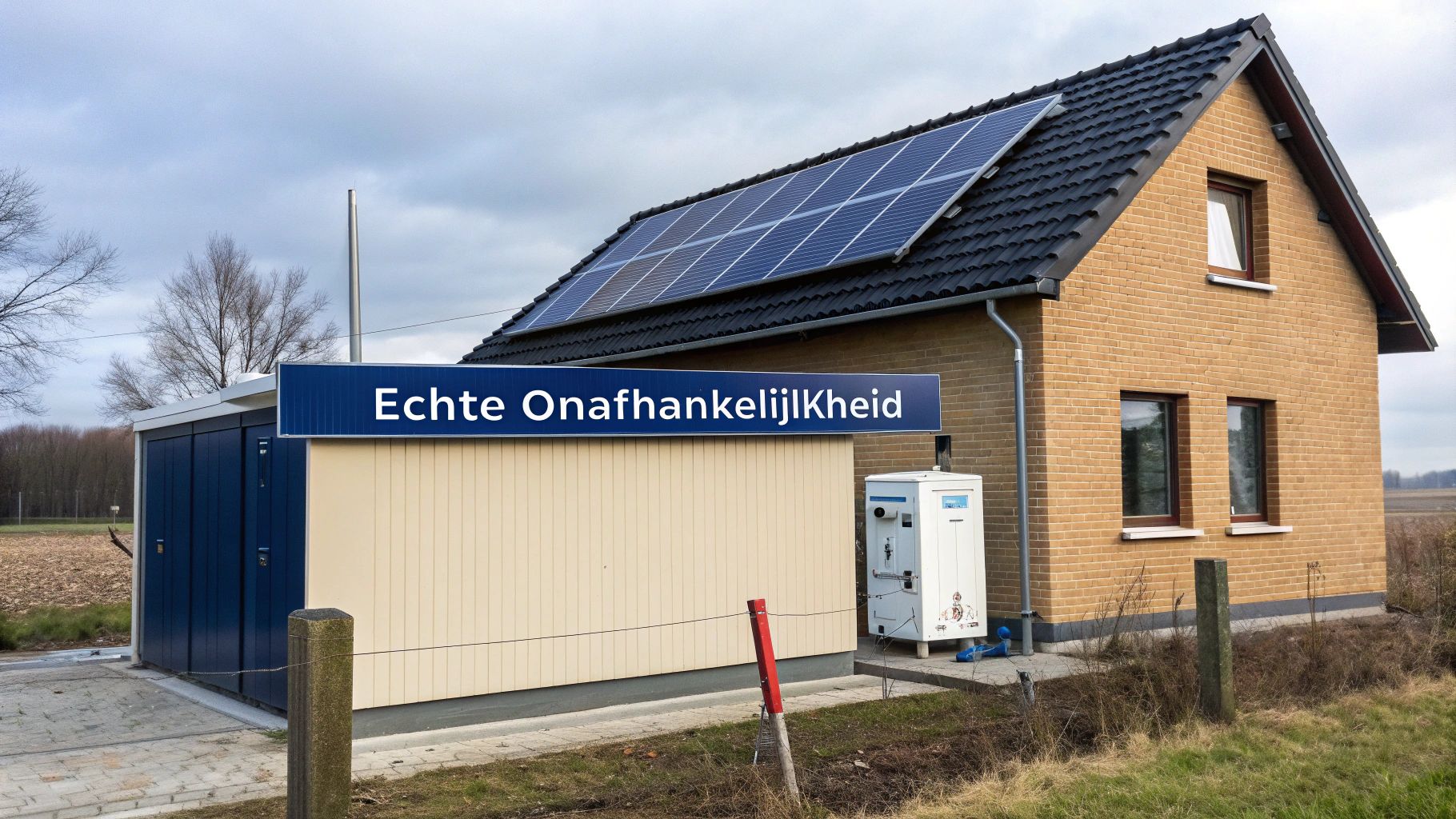 Huis met zonnepanelen op het dak en een bijgebouw met een blauw bord met de tekst 'Echte OnafhankelijKHeid'.