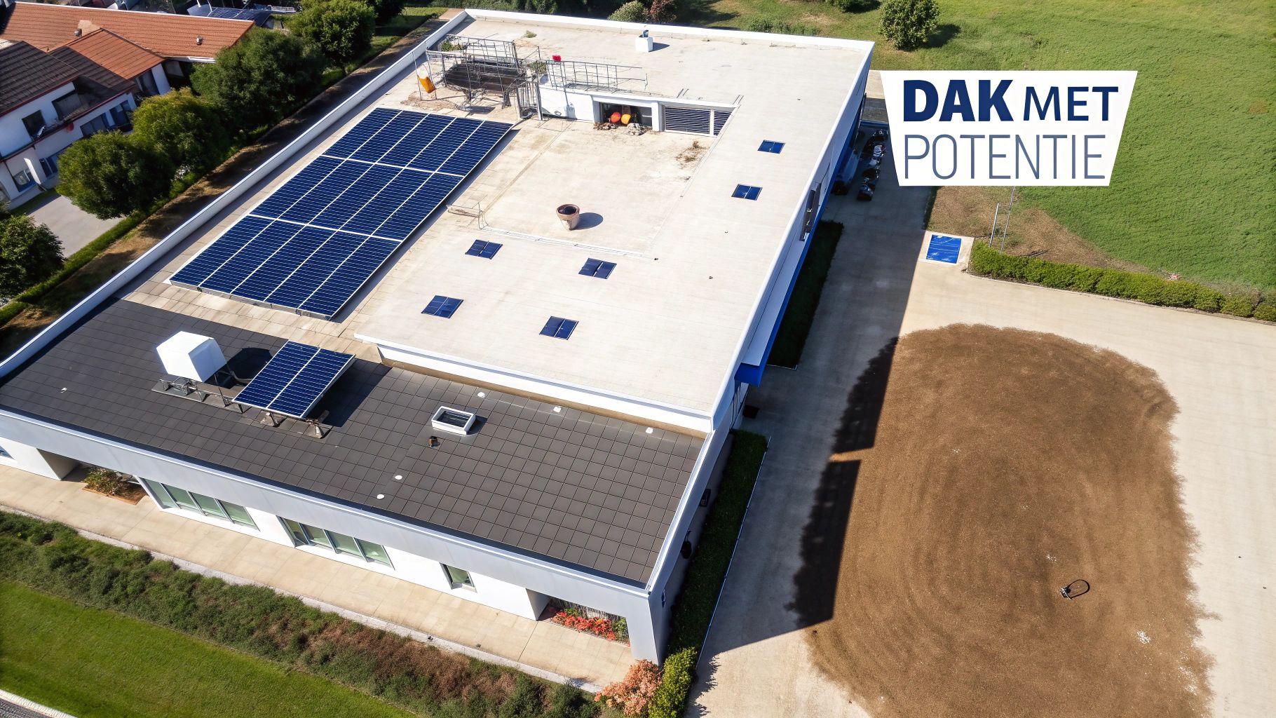 Zonnepanelen netjes geĆÆnstalleerd op een modern plat dak