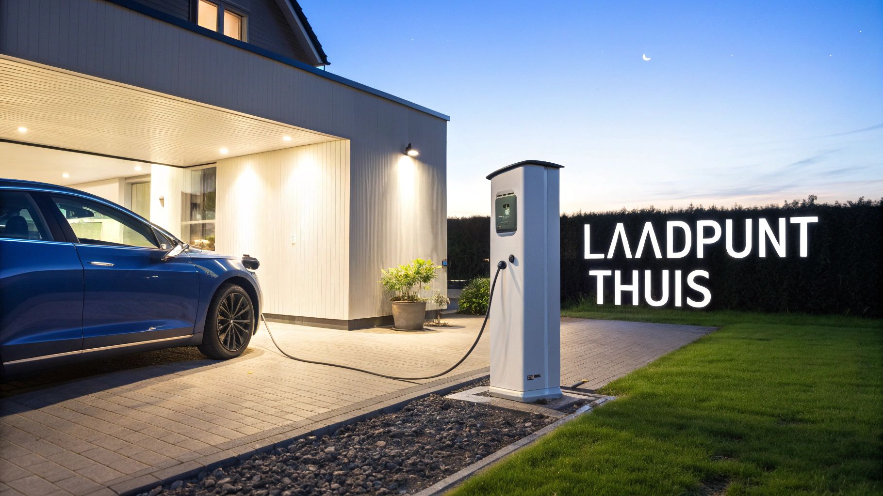 Een blauwe elektrische auto laadt op bij een laadpaal voor een modern huis, met 'Laadpunt Thuis' in beeld.