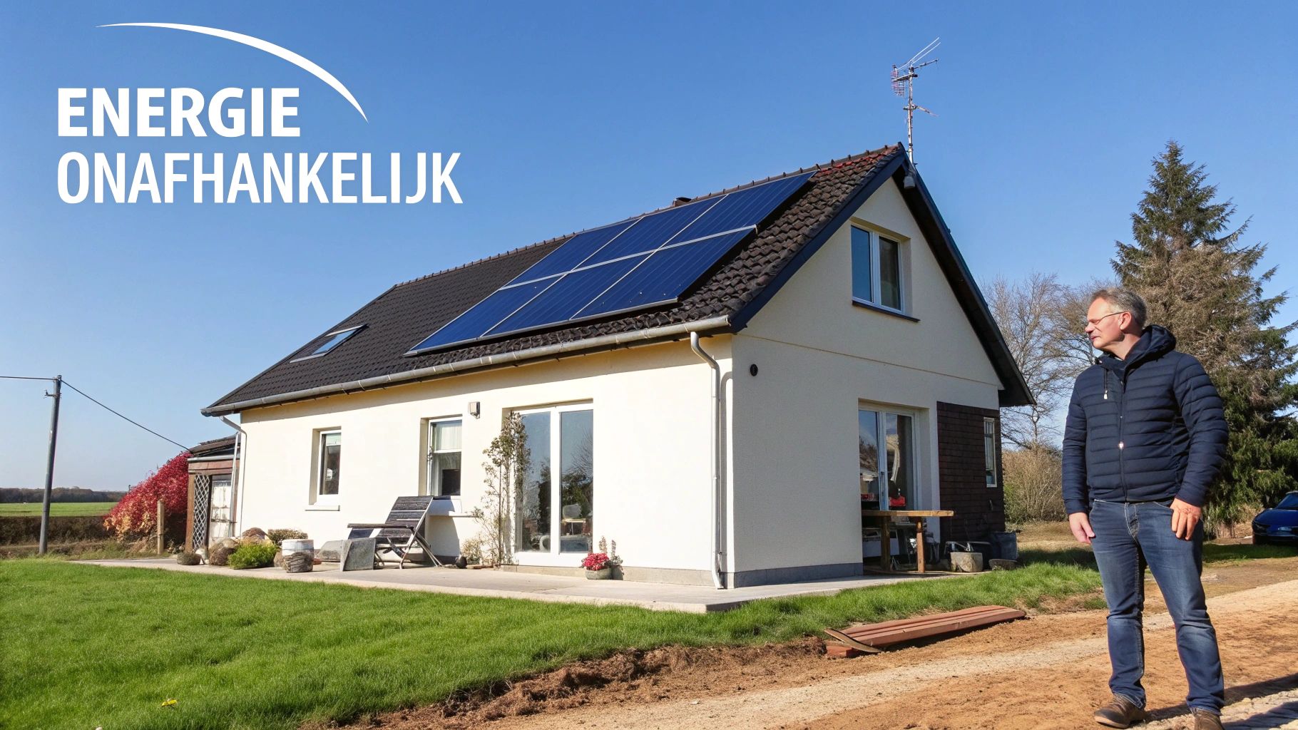 Een huis met zonnepanelen op het dak en een man ernaast, wat energieonafhankelijkheid benadrukt.
