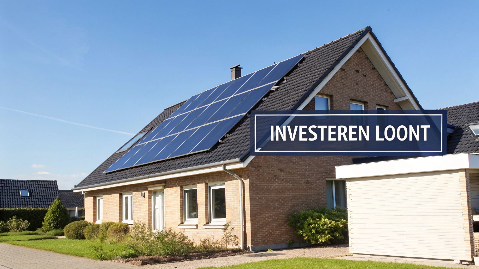 Een huis met zonnepanelen op het dak onder een blauwe lucht, met de tekst 'Investeren loont'.
