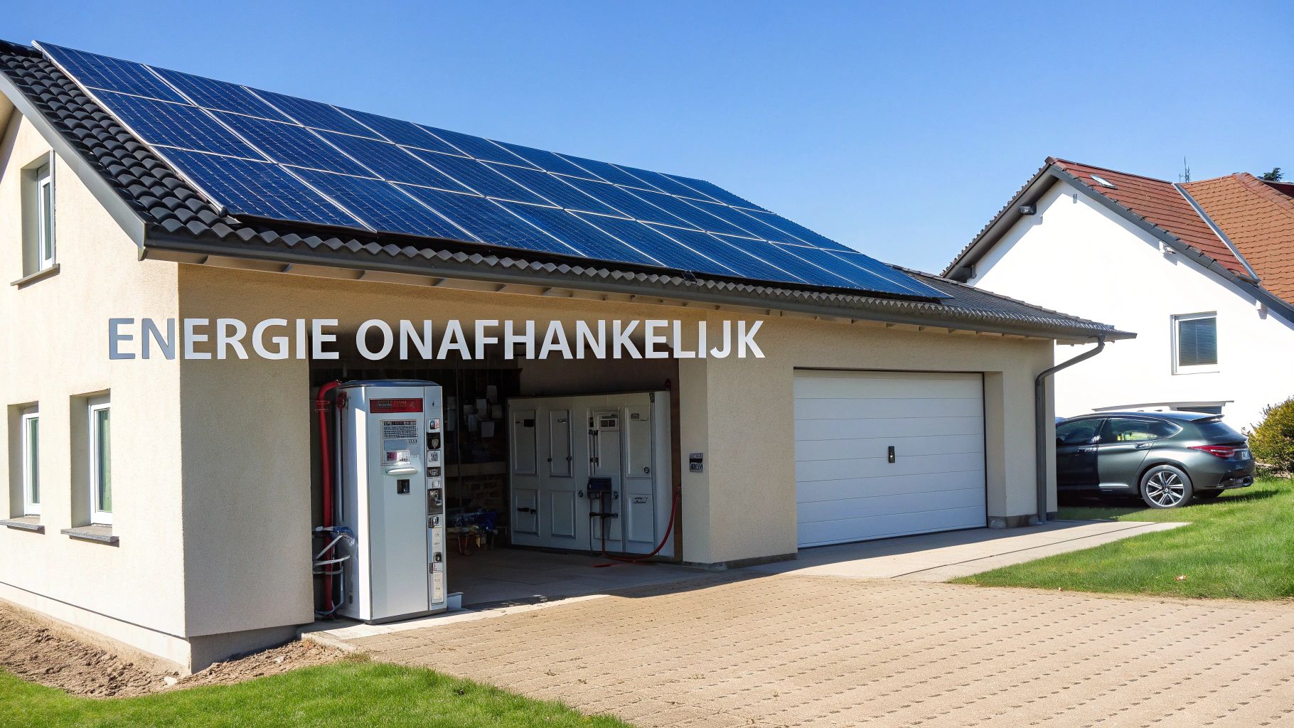 Een modern huis met zonnepanelen op het dak, een open garage en de tekst "ENERGIE ONAFHANKELIJK" op de muur.