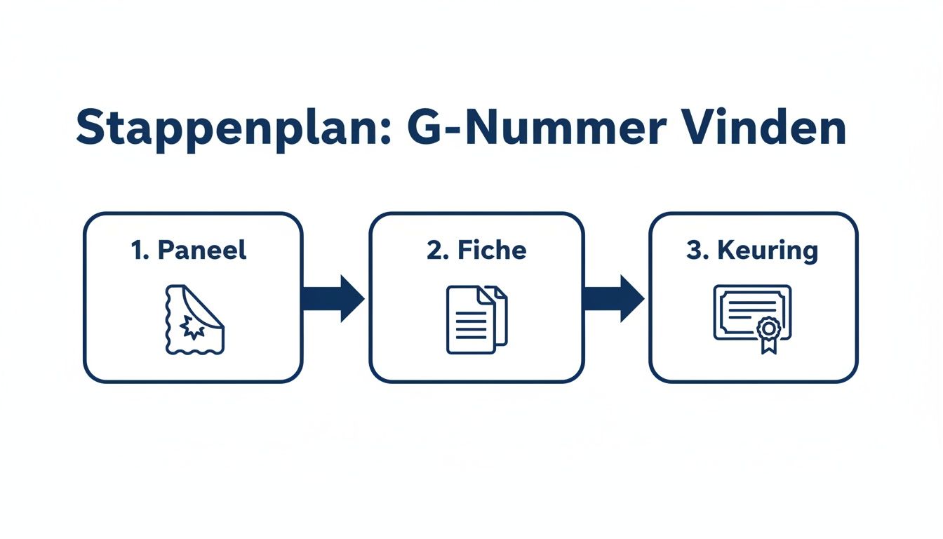 Stappenplan om het G-Nummer van zonnepanelen te vinden, weergegeven als een proces van paneel, fiche en keuring.