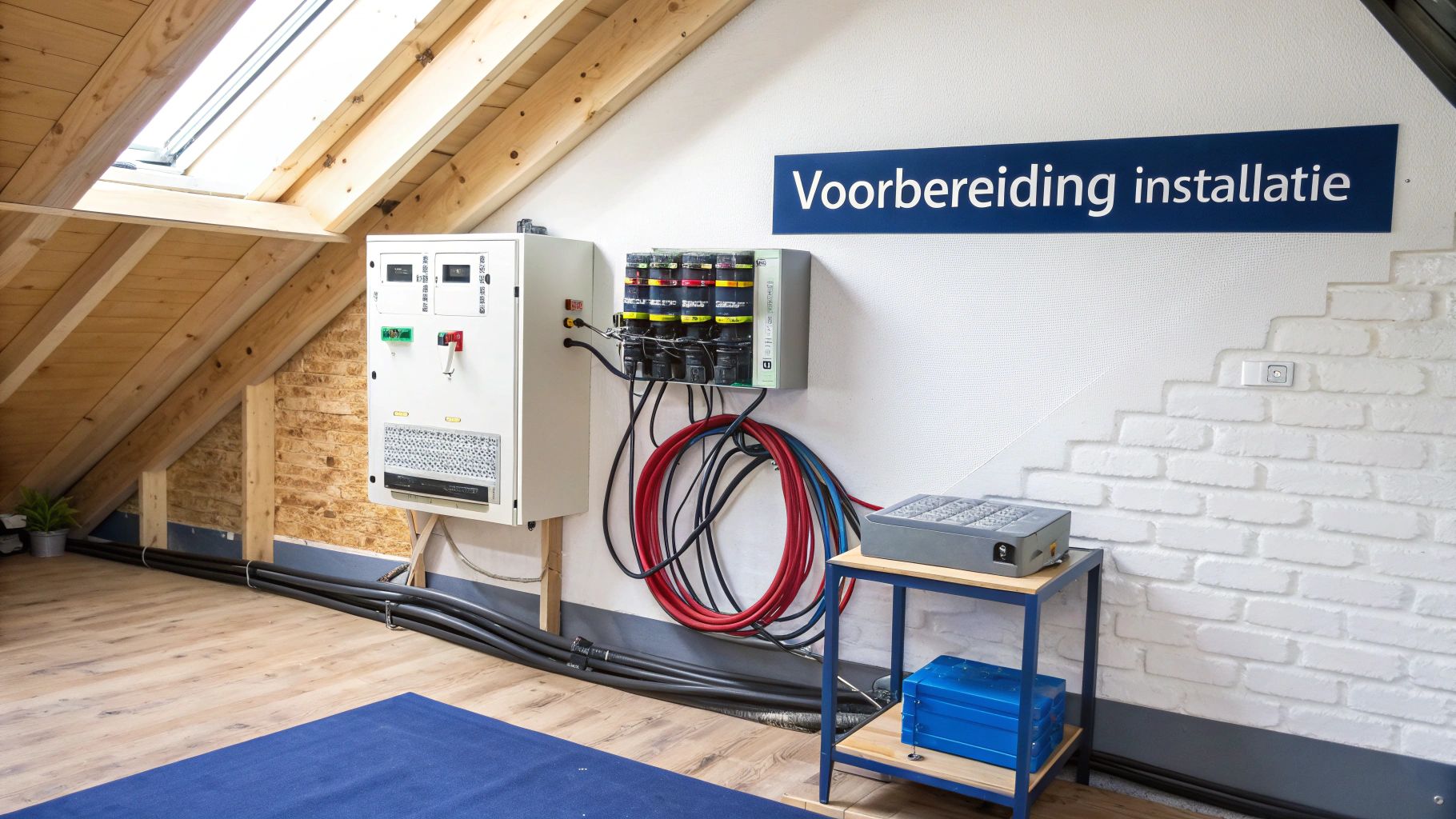 Apparatuur voor zonnepaneelinstallatie in een zolderruimte met houten balken, witte muren en een dakraam. Klaar voor gebruik.