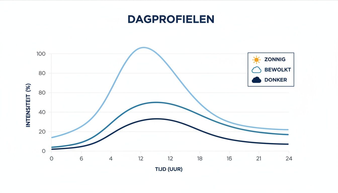 Grafiek toont dagprofielen van intensiteit voor zonnige, bewolkte en donkere omstandigheden over 24 uur.