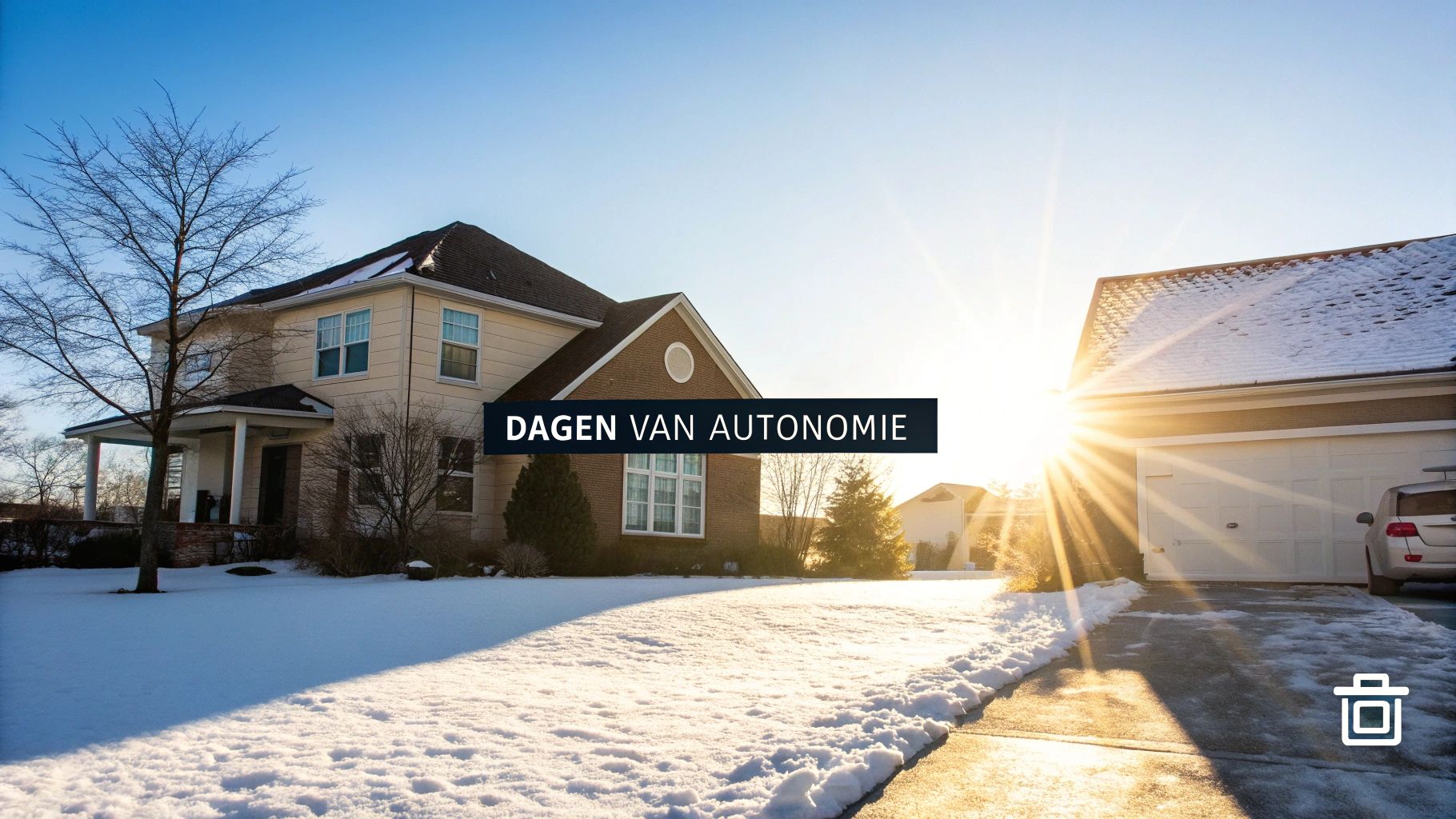 Besneeuwd huis en garage in het zonlicht op een koude winterdag, met de tekst 'DAGEN VAN AUTONOMIE'.