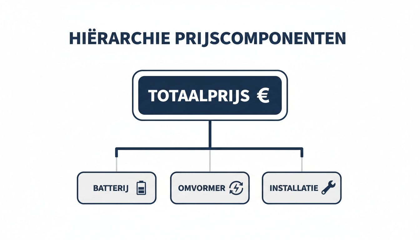 Hiërarchische weergave van de totaalprijs van een systeem, opgesplitst in batterij, omvormer en installatiekosten.
