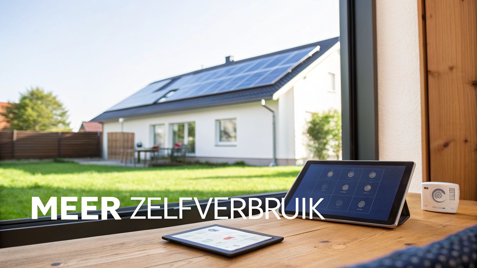 Moderne woning met zonnepanelen, groene tuin, en tablets voor slimme thuisoplossingen op een houten tafel.