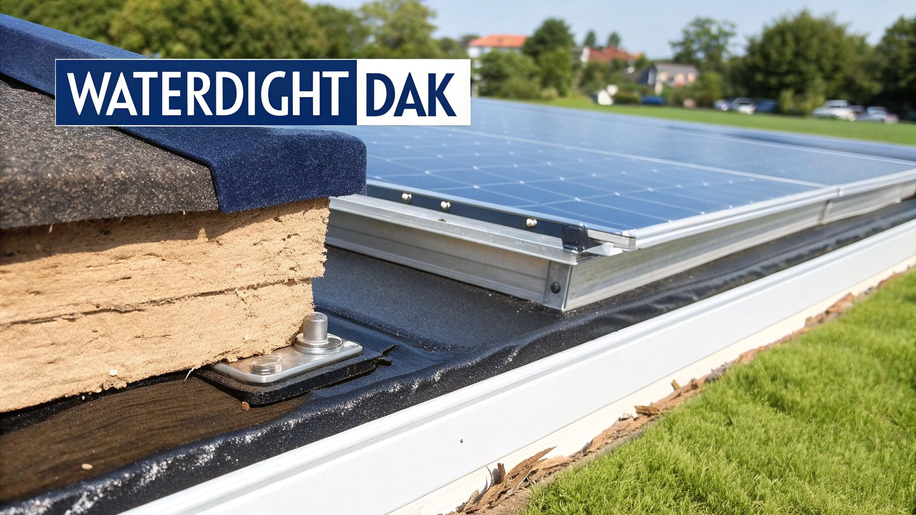 Detail van een plat dak met isolatie, zonnepanelen en een logo 'WATERDICHT DAK'.