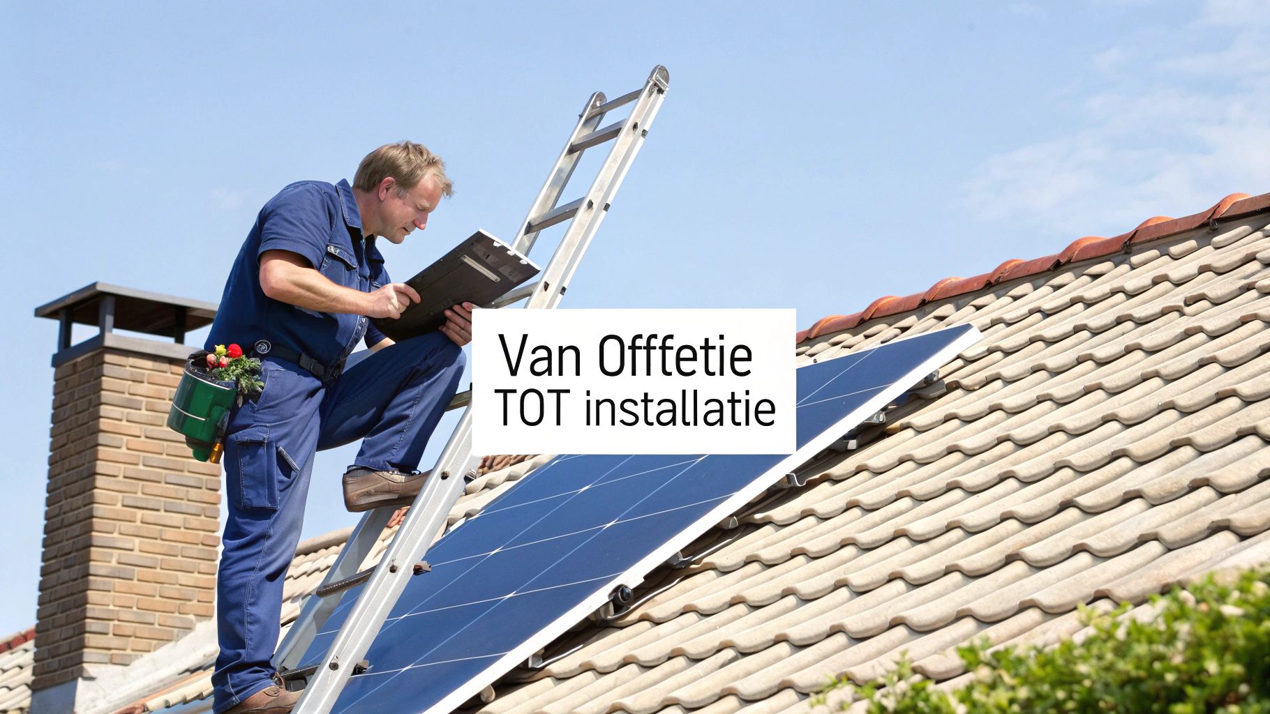 Vakman op een dak installeert zonnepanelen, met een ladder en controleert documenten.