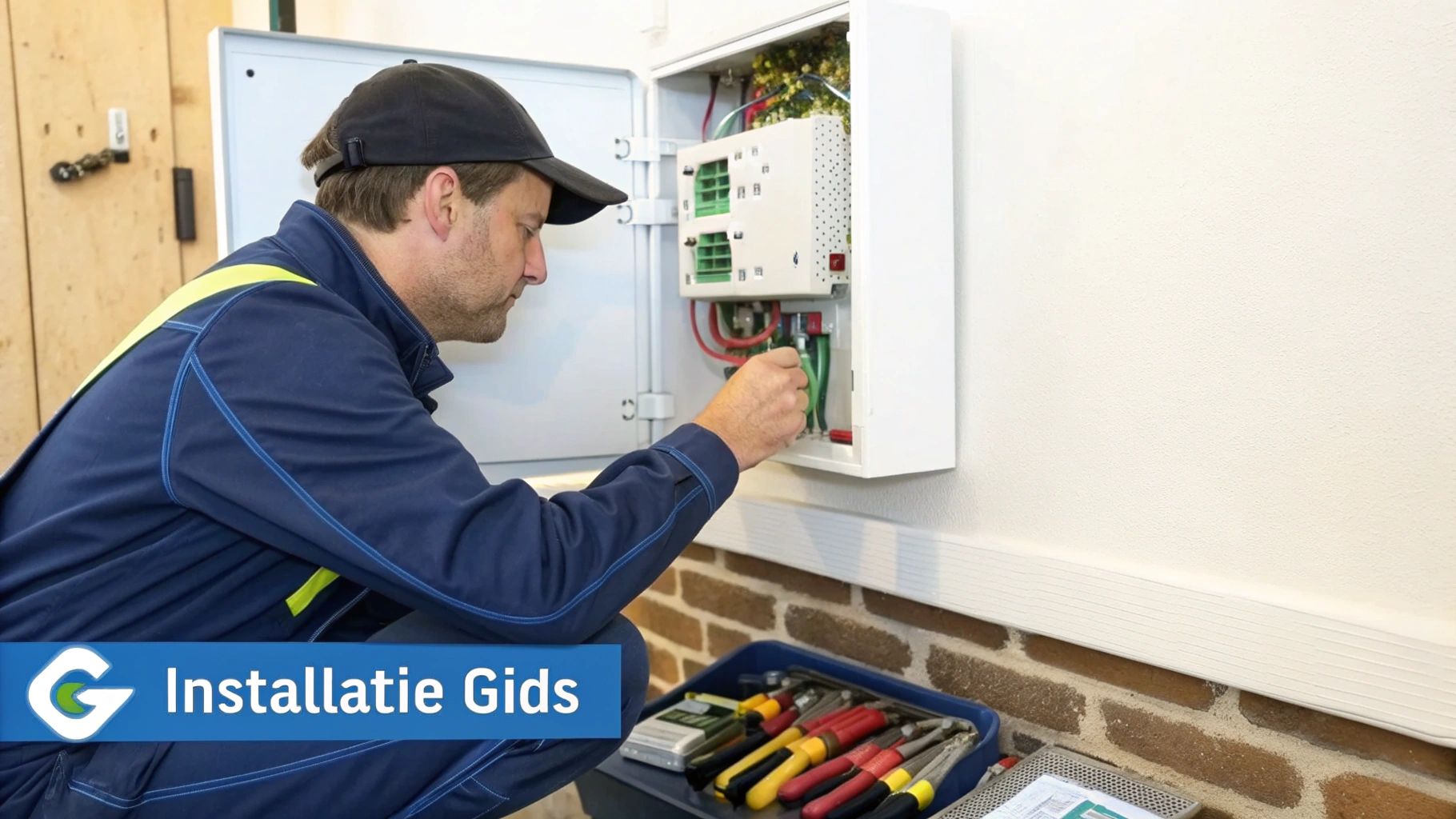 Een professionele installateur die een thuisbatterij aansluit in een technische ruimte.