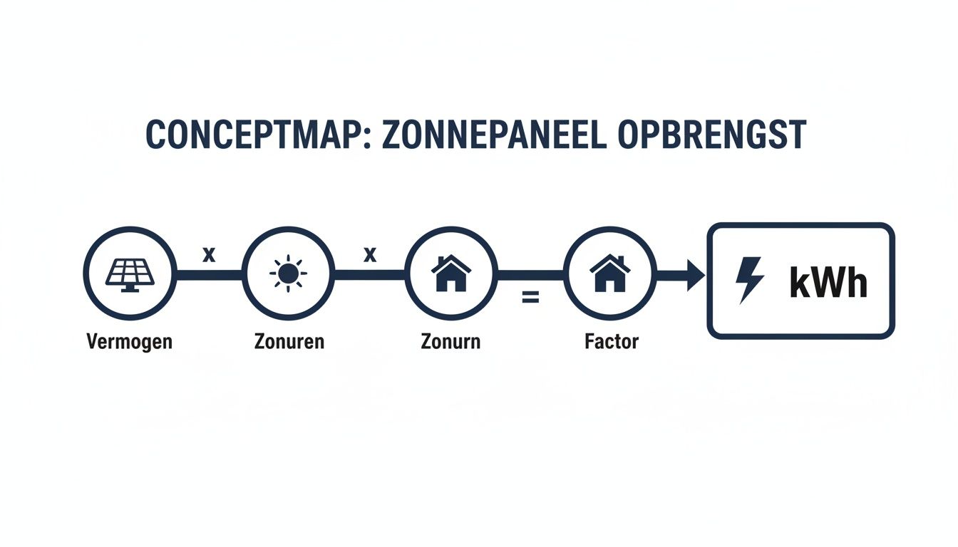 Conceptkaart: Zonnepaneel opbrengst. Visualiseert hoe de kWh-opbrengst van een zonnepaneel wordt berekend.