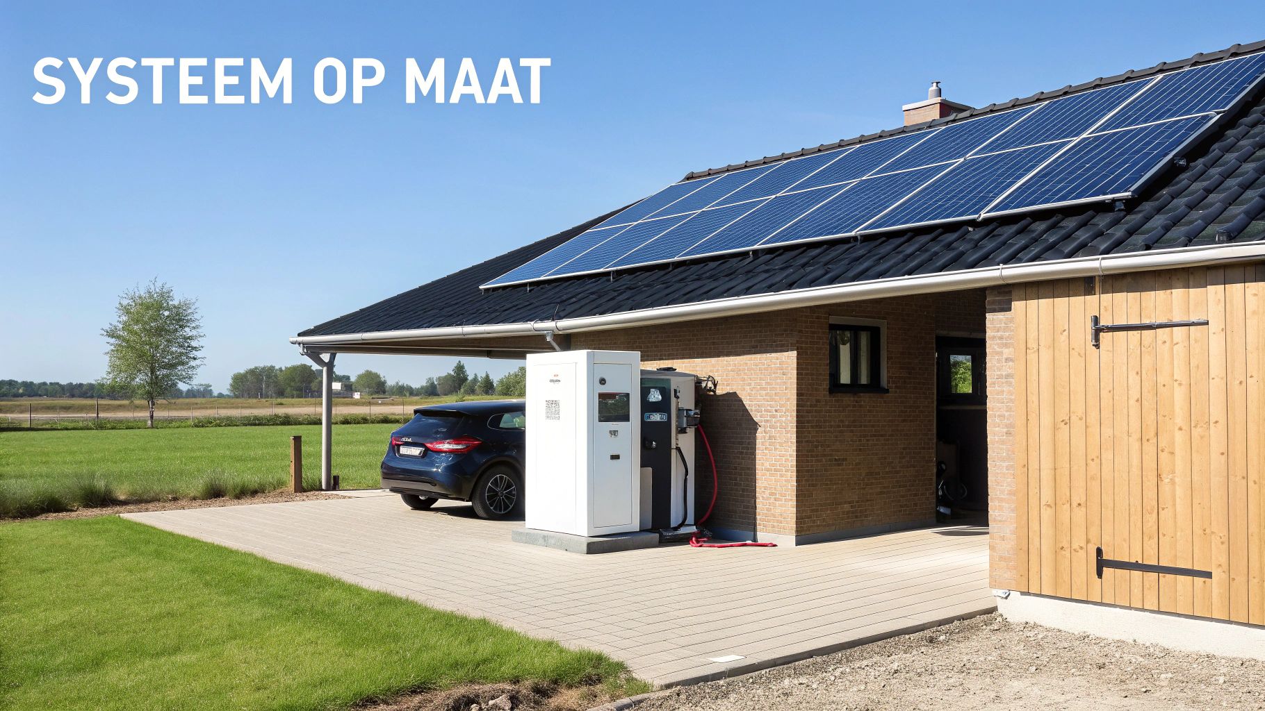 Woning met zonnepanelen, laadstation en elektrische auto onder een carport, omringd door groen.