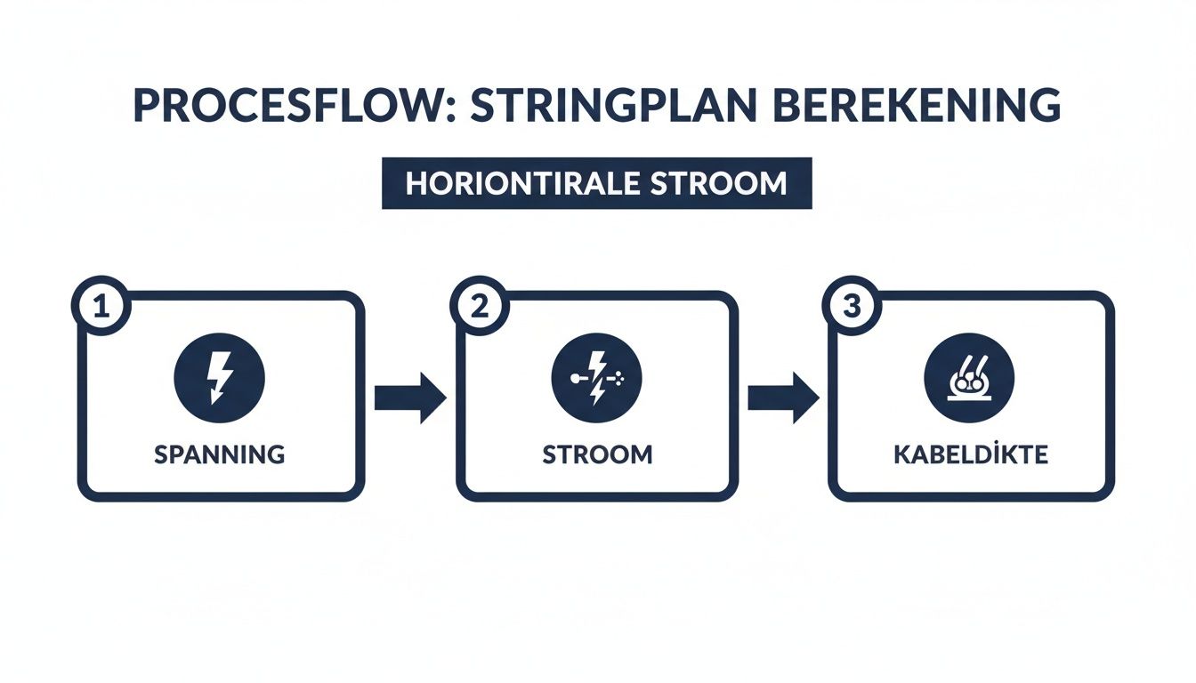 Processchema voor het berekenen van een stringplan, met stappen voor spanning, stroom en kabeldikte.