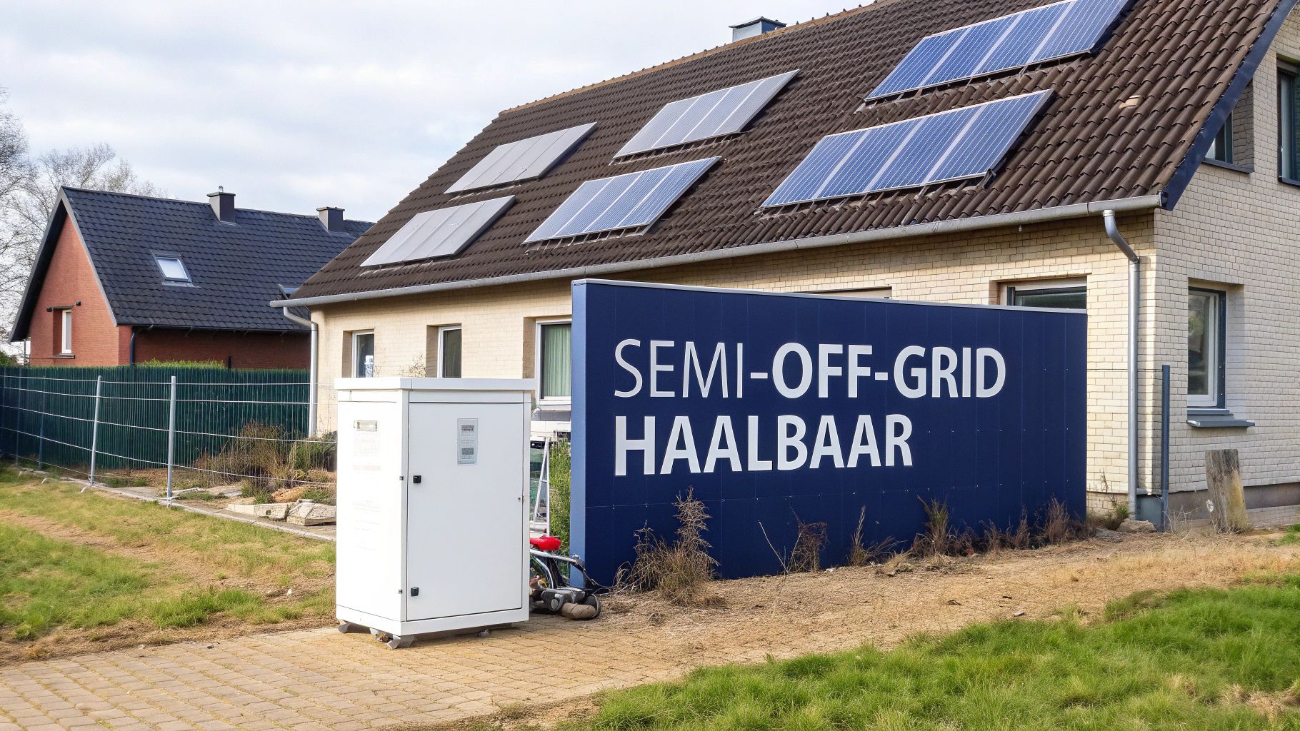 Een huis met zonnepanelen op het dak en een groot blauw bord met de tekst 'SEMI-OFF-GRID HAALBAAR'.