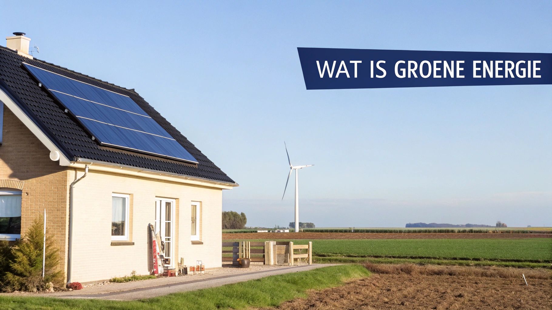 Huis met zonnepanelen op dak en windmolen in de achtergrond, groene energie voorbeelden