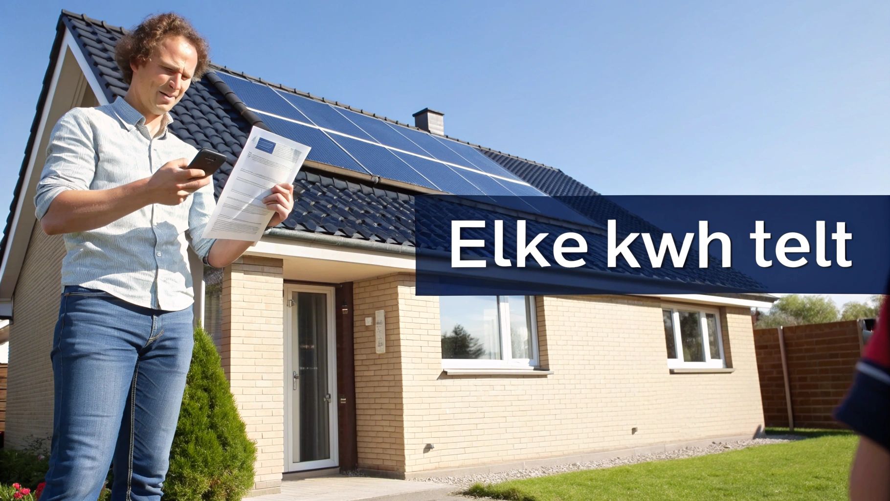 Man bekijkt energierekening of meterstand bij huis met zonnepanelen. Tekst: 'Elke kwh telt'.