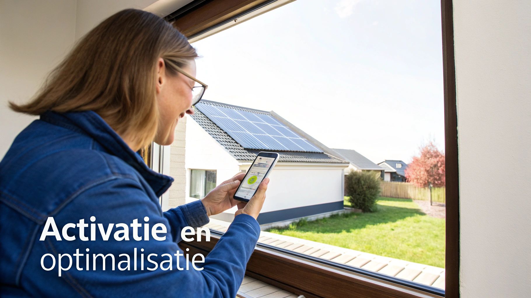 Vrouw kijkt uit raam naar huis met zonnepanelen en bedient ze via smartphone-app voor activatie en optimalisatie.