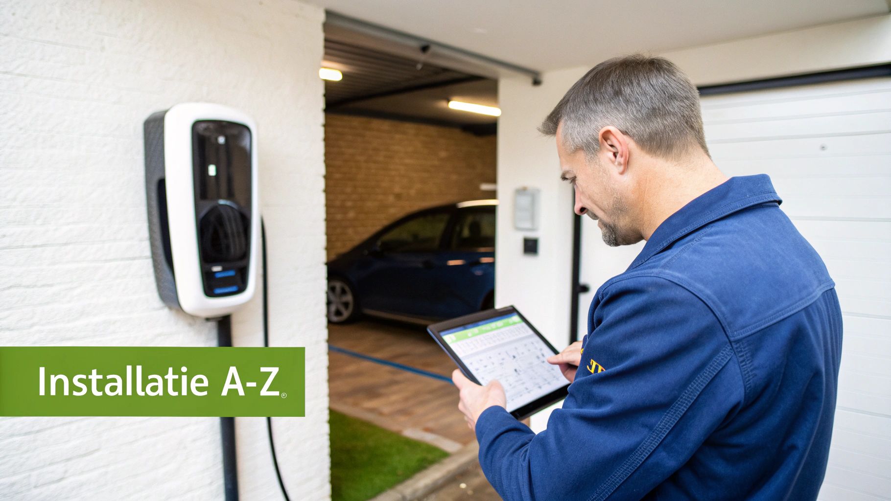 Een man in een blauwe jas bekijkt een tablet bij een laadpaal aan een witte muur, met een auto in de garage.