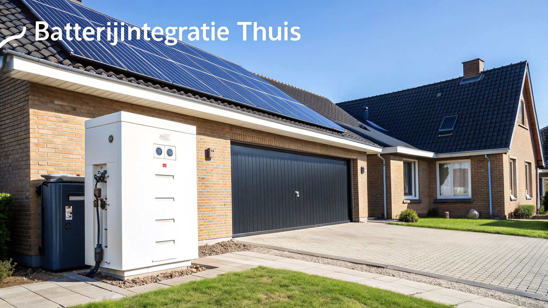 Woonhuis met zonnepanelen op het dak en een grote buitenunit voor thuisbatterijintegratie naast de garage.