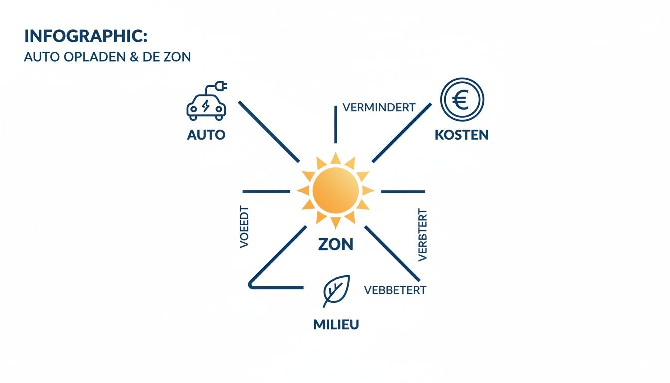 Infographic: zon laadt elektrische auto op, vermindert kosten en verbetert het milieu.