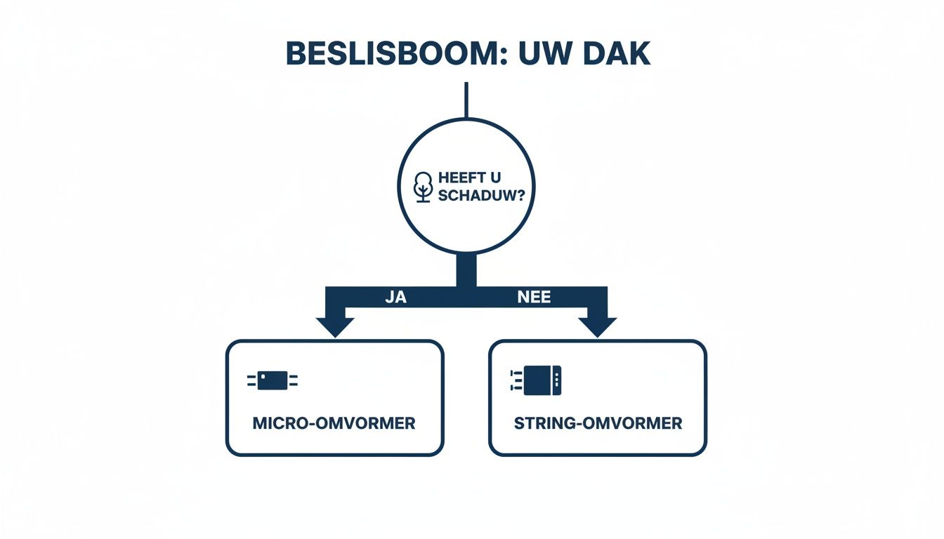 Beslisboom voor zonnepanelen omvormers: micro-omvormer kiezen bij schaduw, string-omvormer zonder schaduw.