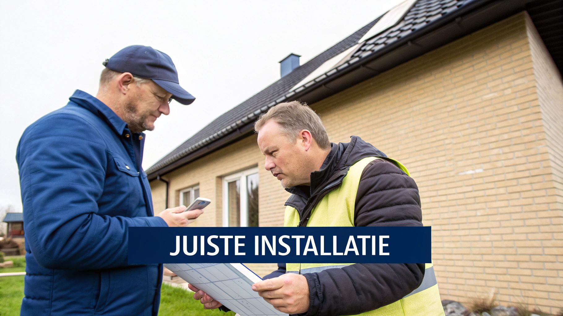 Twee technici controleren een installatieplan bij een huis, waarbij één een telefoon gebruikt en de ander documenten bekijkt.