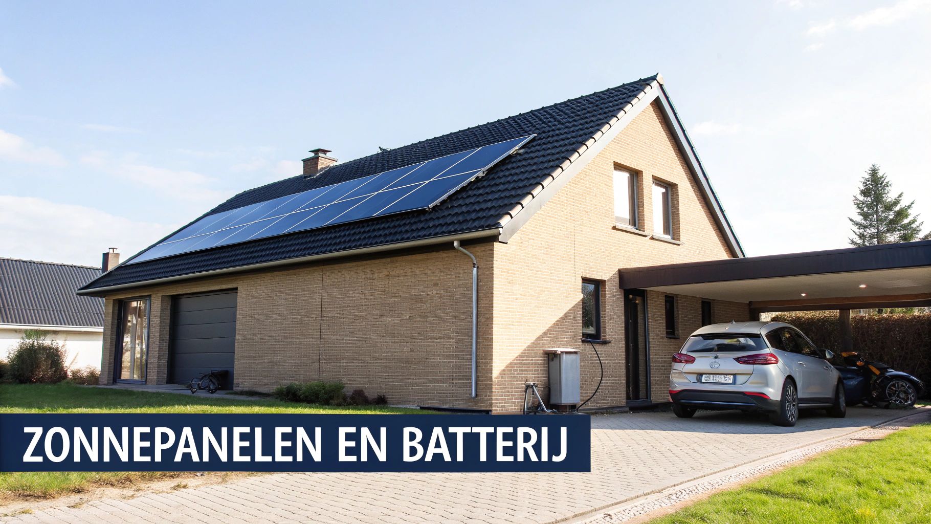 Moderne woning met zonnepanelen op het dak en een oprit met geparkeerde auto onder een carport.