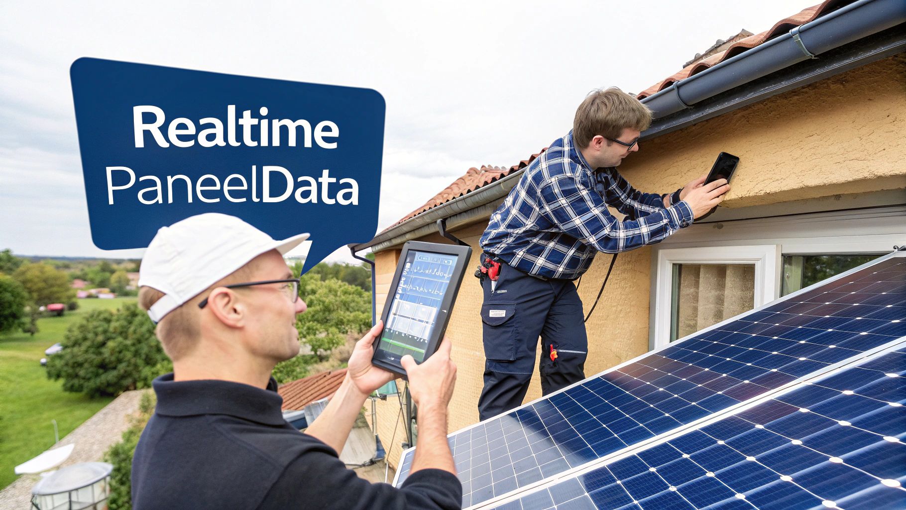 Twee monteurs installeren zonnepanelen, waarbij ƩƩn realtime gegevens op een tablet bekijkt.